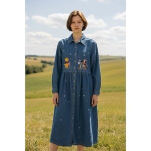 Vintage Disney Winnie The Pooh Dress Womens Large Denim Maxi Embroidered 90s